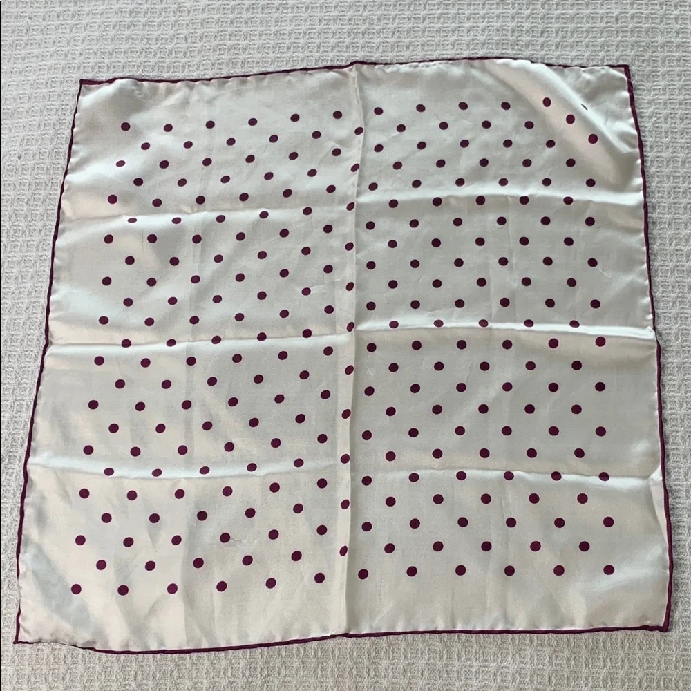 Silk pocket square or purse scarf white with purple polka dots and purple edge